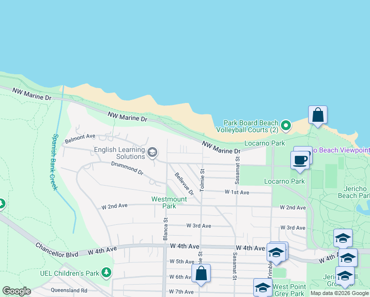 map of restaurants, bars, coffee shops, grocery stores, and more near in Vancouver