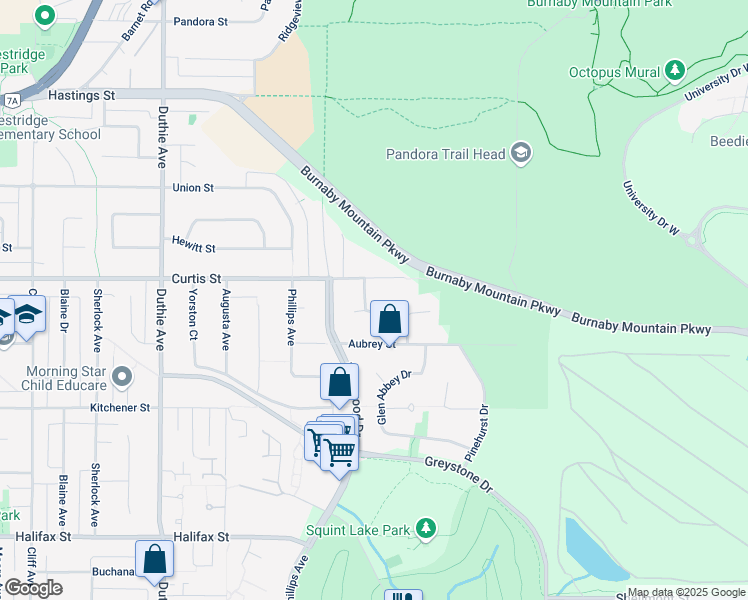 map of restaurants, bars, coffee shops, grocery stores, and more near 1060 Ayshire Drive in Burnaby