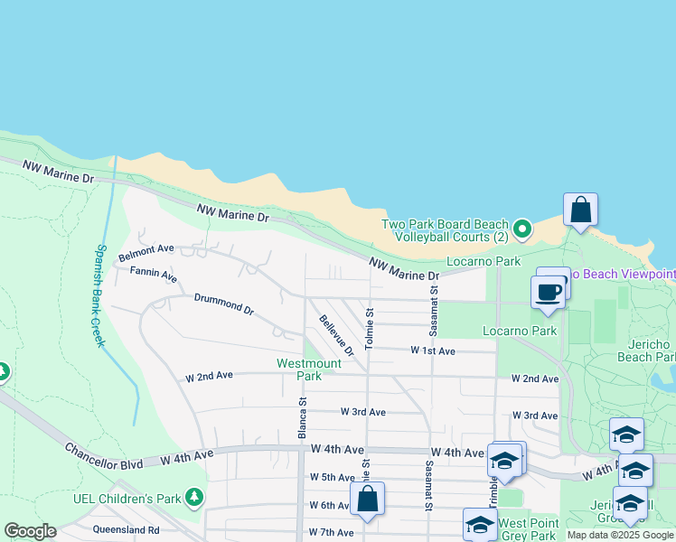 map of restaurants, bars, coffee shops, grocery stores, and more near 4651 Simpson Avenue in Vancouver
