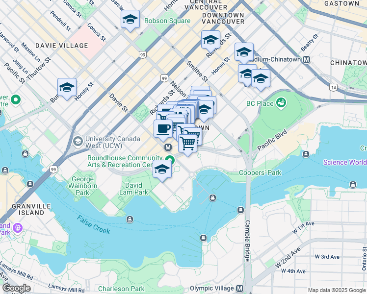 map of restaurants, bars, coffee shops, grocery stores, and more near 1177 Pacific Boulevard in Vancouver