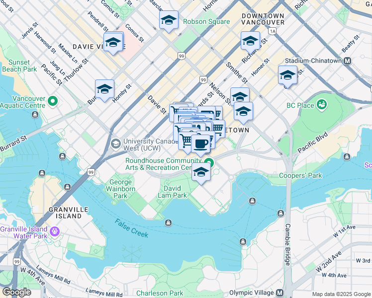map of restaurants, bars, coffee shops, grocery stores, and more near 1226 Homer Street in Vancouver