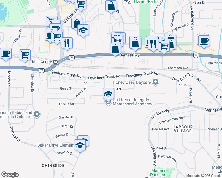 map of restaurants, bars, coffee shops, grocery stores, and more near 2560 Passage Drive in Coquitlam