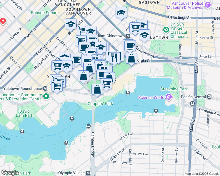 map of restaurants, bars, coffee shops, grocery stores, and more near 33 Smithe Street in Vancouver