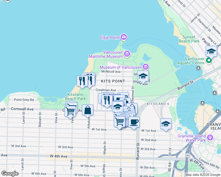 map of restaurants, bars, coffee shops, grocery stores, and more near 1973 Creelman Avenue in Vancouver