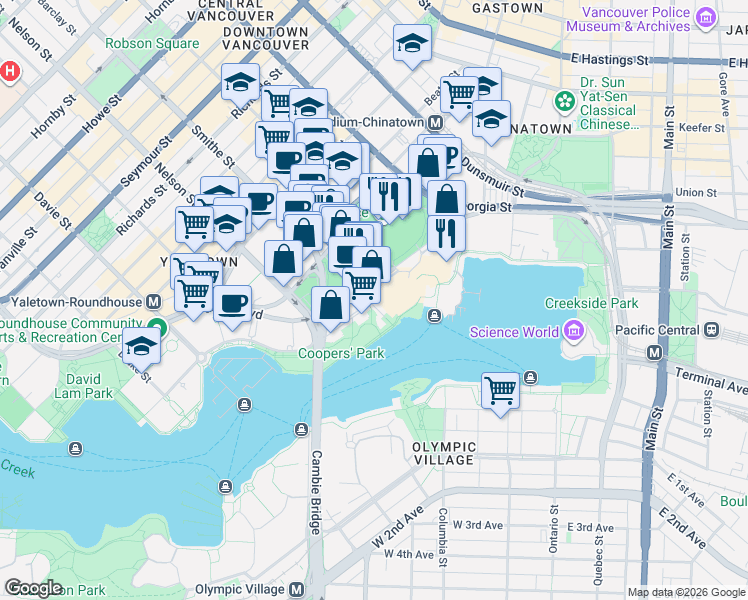 map of restaurants, bars, coffee shops, grocery stores, and more near 33 Smithe Street in Vancouver