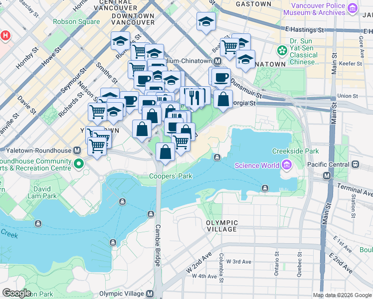 map of restaurants, bars, coffee shops, grocery stores, and more near 33 Smithe Street in Vancouver