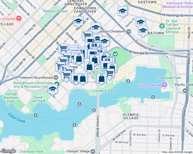 map of restaurants, bars, coffee shops, grocery stores, and more near 87 Nelson Street in Vancouver