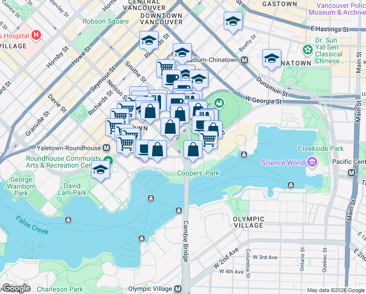 map of restaurants, bars, coffee shops, grocery stores, and more near 87 Nelson Street in Vancouver