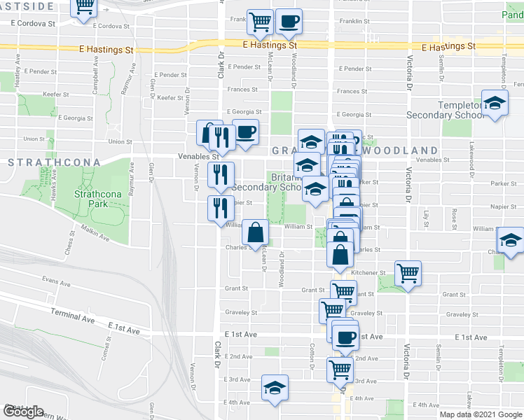 map of restaurants, bars, coffee shops, grocery stores, and more near 1113 McLean Drive in Vancouver