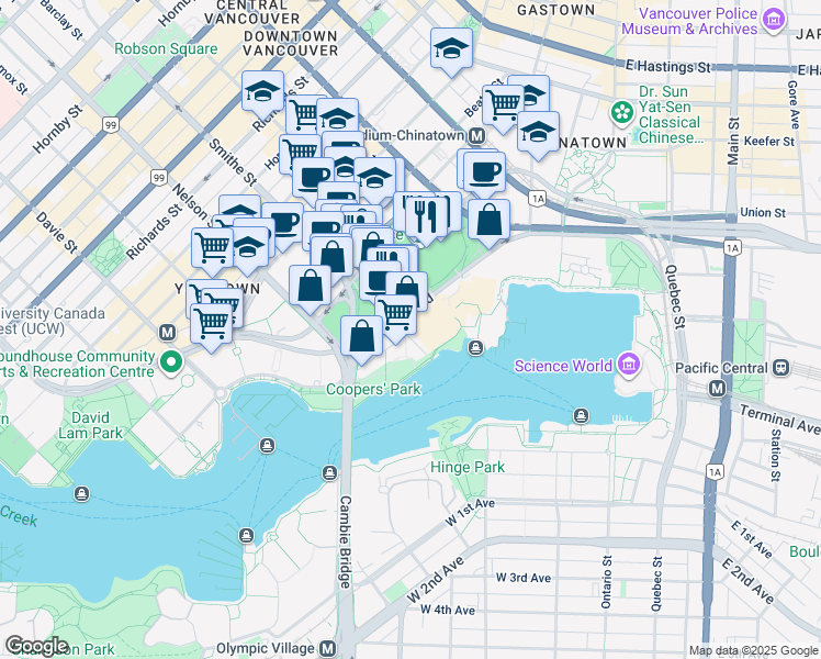map of restaurants, bars, coffee shops, grocery stores, and more near 33 Smithe Street in Vancouver