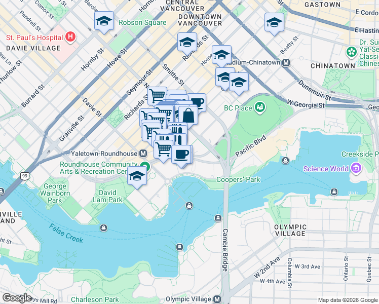 map of restaurants, bars, coffee shops, grocery stores, and more near 1031 Expo Boulevard in Vancouver