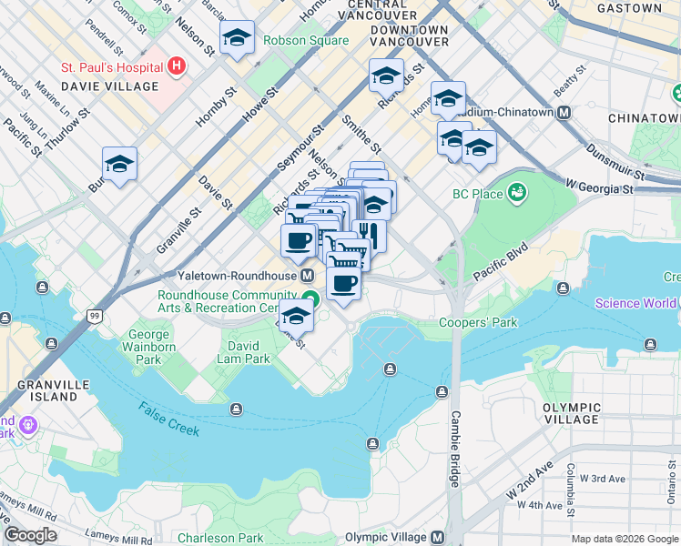 map of restaurants, bars, coffee shops, grocery stores, and more near 238 Alvin Narod Mews in Vancouver