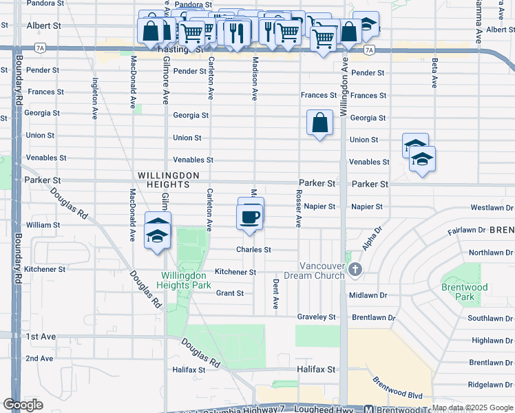 map of restaurants, bars, coffee shops, grocery stores, and more near 1104 Madison Avenue in Burnaby