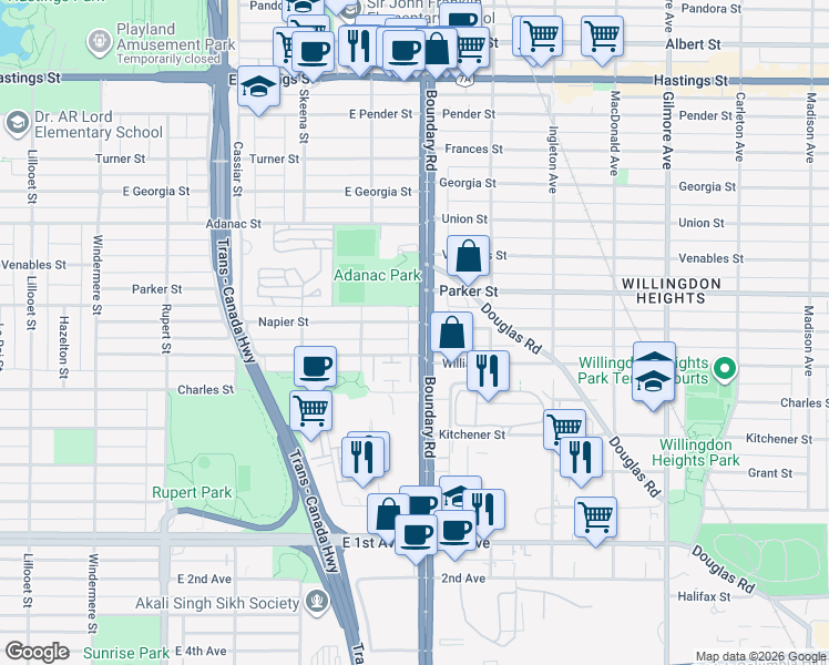 map of restaurants, bars, coffee shops, grocery stores, and more near 1115 Boundary Road in Vancouver