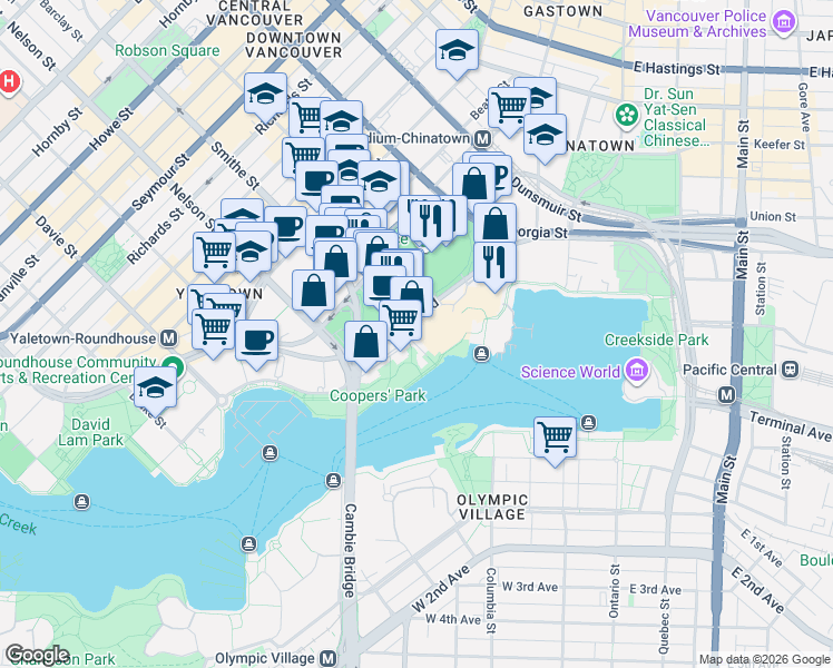 map of restaurants, bars, coffee shops, grocery stores, and more near 33 Smithe Street in Vancouver