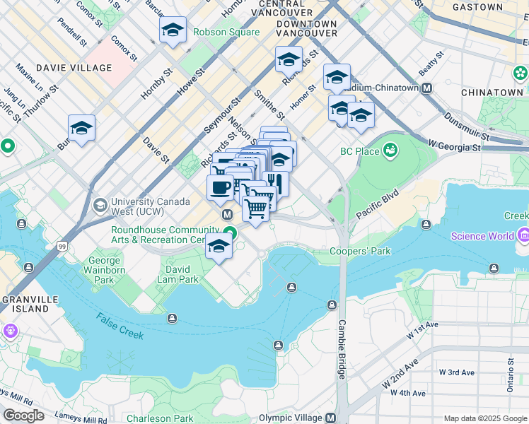 map of restaurants, bars, coffee shops, grocery stores, and more near in Vancouver