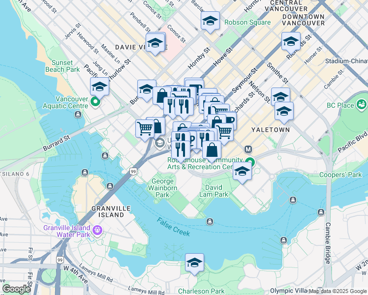 map of restaurants, bars, coffee shops, grocery stores, and more near 1372 Seymour Street in Vancouver