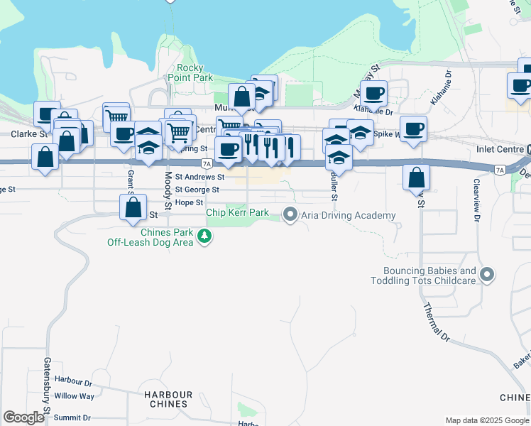map of restaurants, bars, coffee shops, grocery stores, and more near in Port Moody