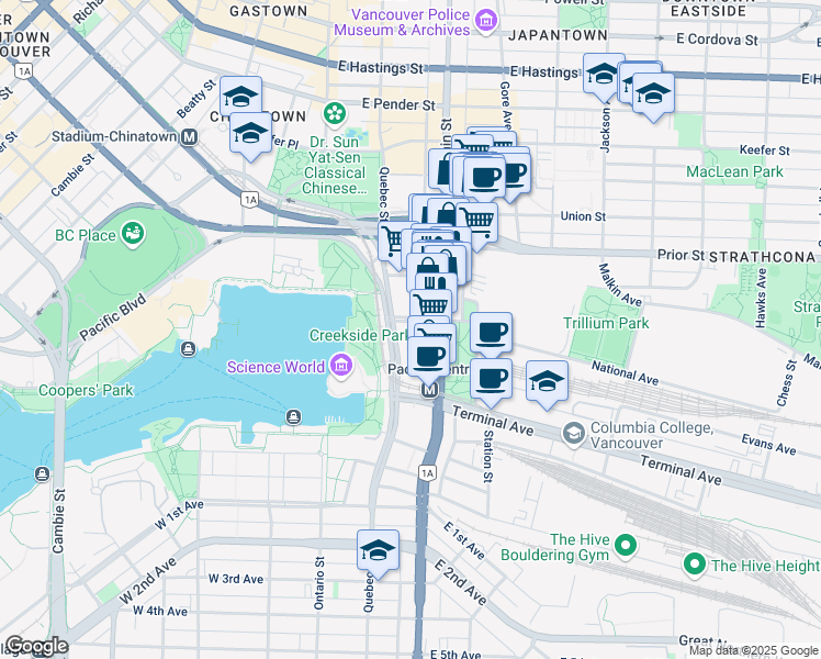 map of restaurants, bars, coffee shops, grocery stores, and more near in Vancouver