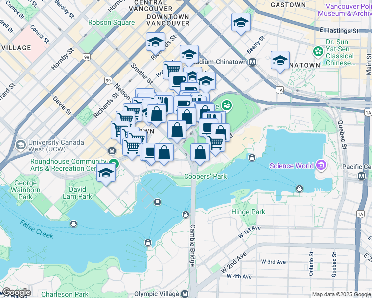 map of restaurants, bars, coffee shops, grocery stores, and more near in Vancouver