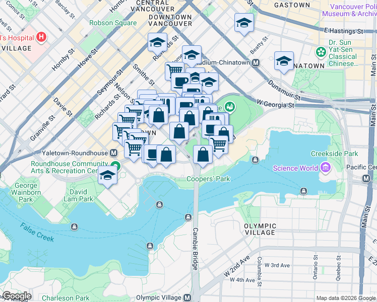 map of restaurants, bars, coffee shops, grocery stores, and more near 89 Nelson Street in Vancouver