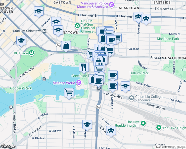 map of restaurants, bars, coffee shops, grocery stores, and more near 1128 Quebec Street in Vancouver