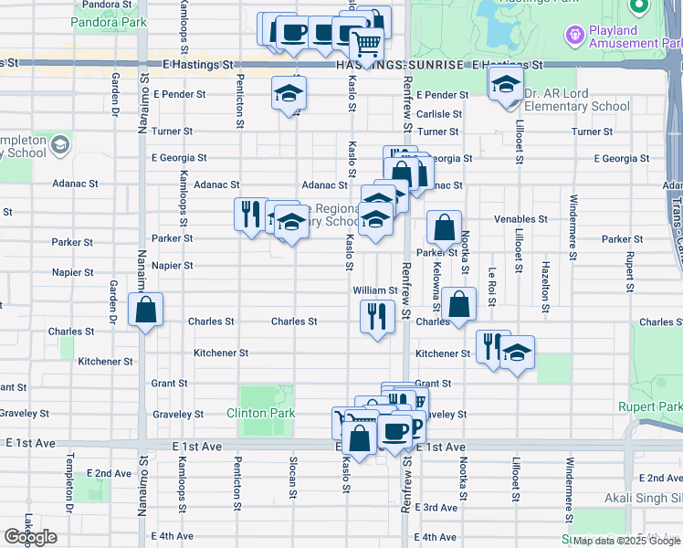 map of restaurants, bars, coffee shops, grocery stores, and more near 2790 Napier Street in Vancouver