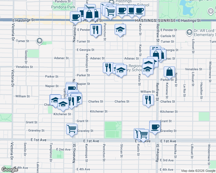 map of restaurants, bars, coffee shops, grocery stores, and more near in Vancouver