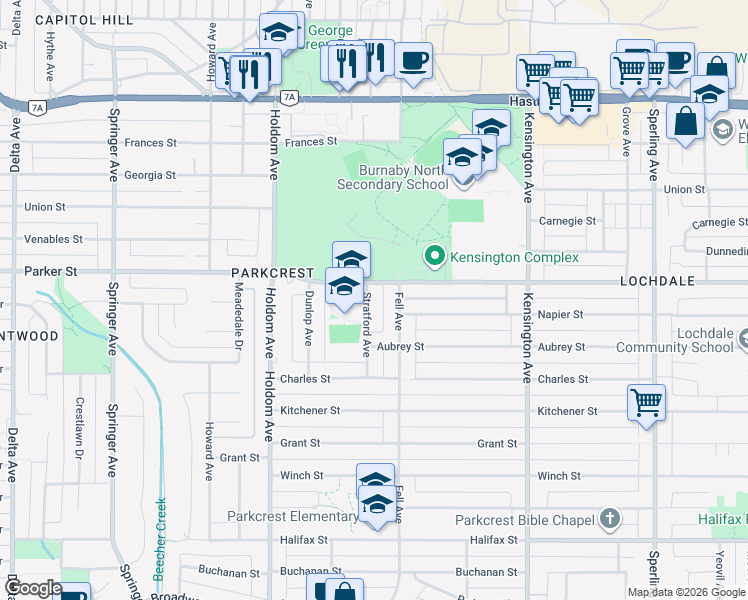 map of restaurants, bars, coffee shops, grocery stores, and more near 1060 Stratford Avenue in Burnaby