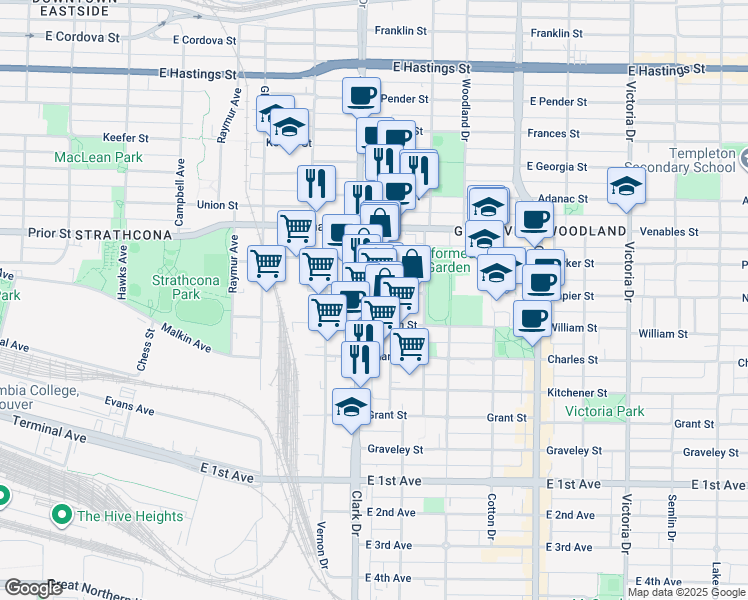map of restaurants, bars, coffee shops, grocery stores, and more near in Vancouver