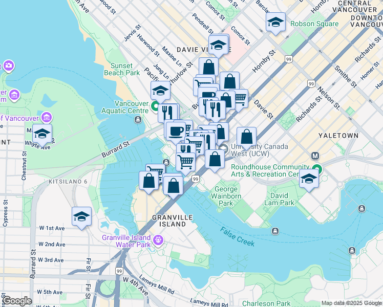 map of restaurants, bars, coffee shops, grocery stores, and more near 888 Beach Avenue in Vancouver