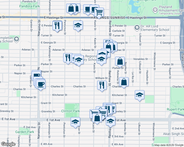 map of restaurants, bars, coffee shops, grocery stores, and more near 2790 Napier Street in Vancouver