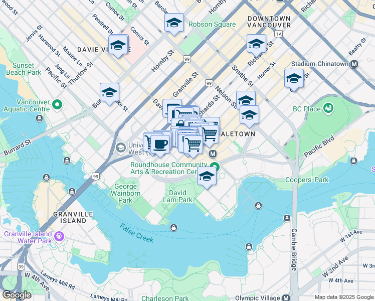 map of restaurants, bars, coffee shops, grocery stores, and more near 1243 Homer Street in Vancouver