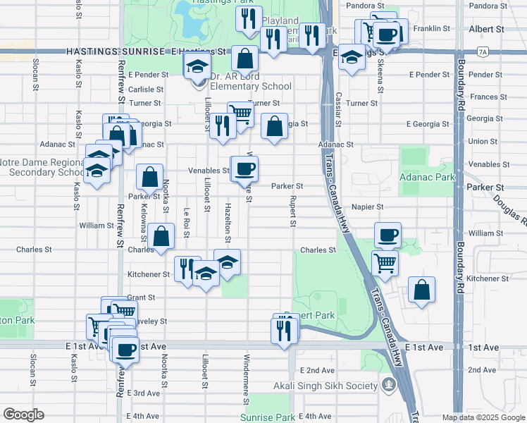 map of restaurants, bars, coffee shops, grocery stores, and more near 3228 Napier Street in Vancouver