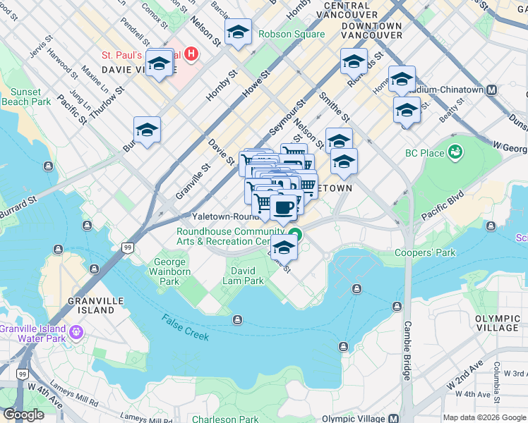 map of restaurants, bars, coffee shops, grocery stores, and more near 1228 Homer Street in Vancouver