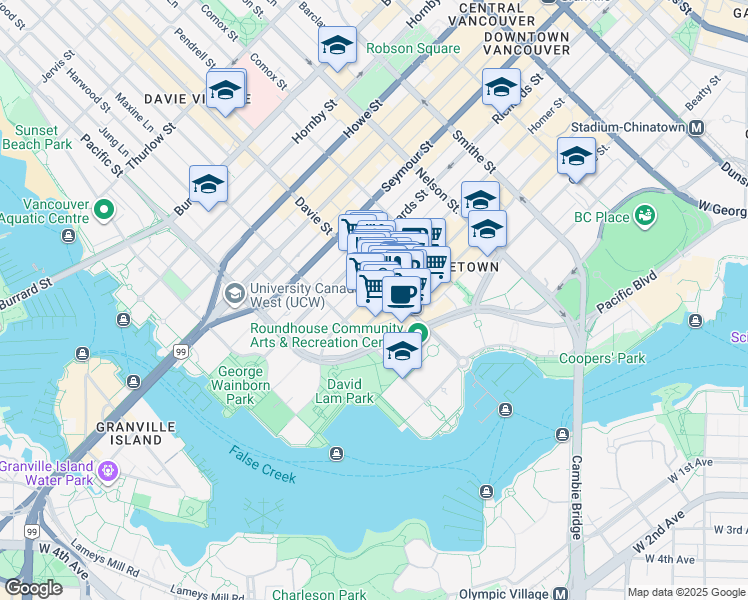 map of restaurants, bars, coffee shops, grocery stores, and more near 1228 Homer Street in Vancouver