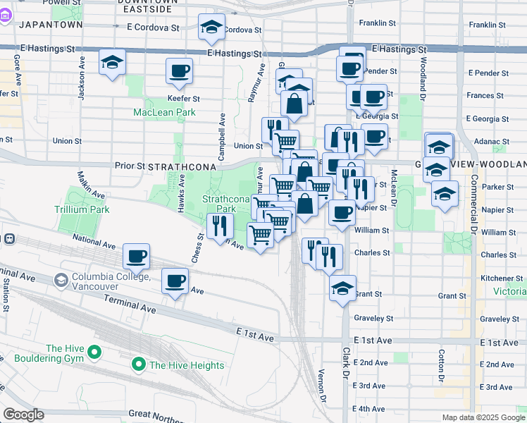 map of restaurants, bars, coffee shops, grocery stores, and more near 1150 Raymur Avenue in Vancouver
