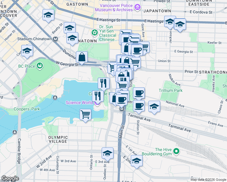 map of restaurants, bars, coffee shops, grocery stores, and more near 1128 Quebec Street in Vancouver