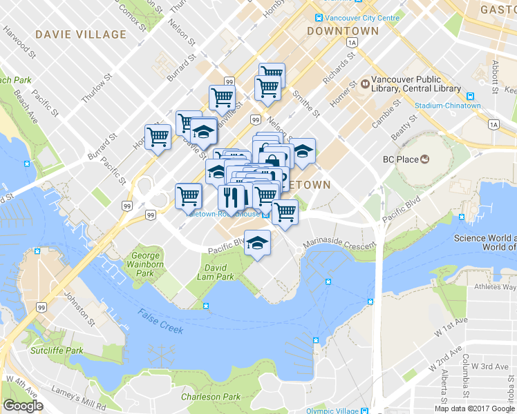map of restaurants, bars, coffee shops, grocery stores, and more near 1226 Homer Street in Vancouver