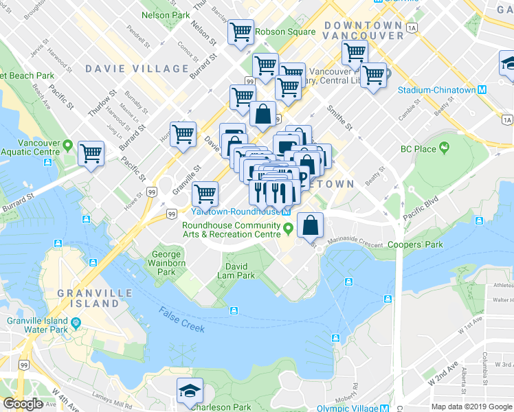 map of restaurants, bars, coffee shops, grocery stores, and more near 1226 Homer Street in Vancouver