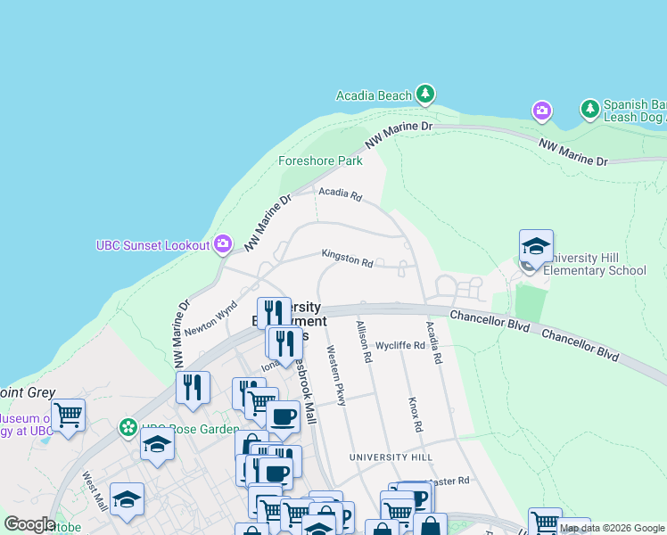 map of restaurants, bars, coffee shops, grocery stores, and more near 1512 Western Crescent in Vancouver