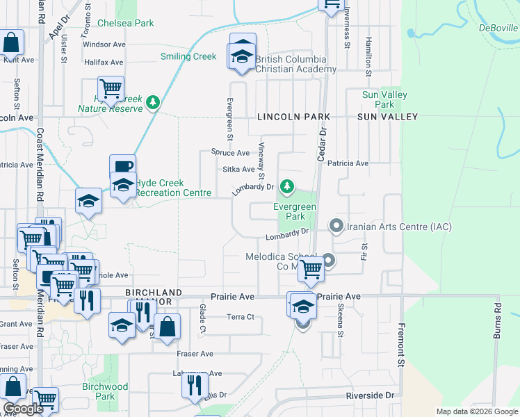 map of restaurants, bars, coffee shops, grocery stores, and more near 1032 Cornwall Drive in Port Coquitlam