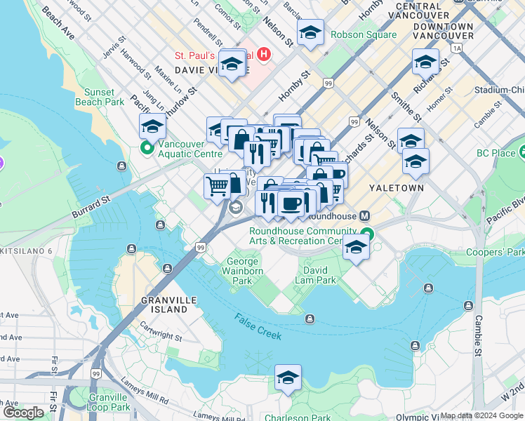 map of restaurants, bars, coffee shops, grocery stores, and more near 605 Pacific Street in Vancouver