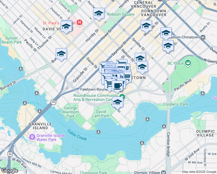 map of restaurants, bars, coffee shops, grocery stores, and more near 1238 Homer Street in Vancouver