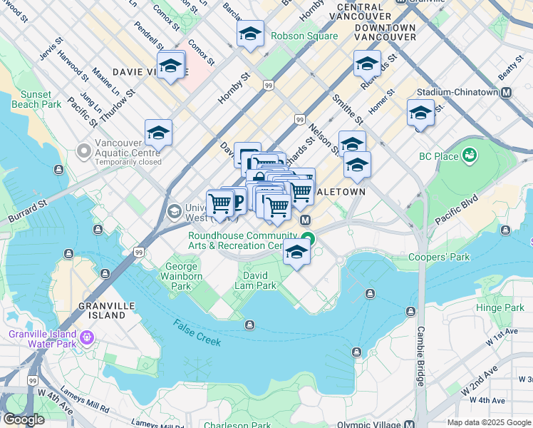 map of restaurants, bars, coffee shops, grocery stores, and more near 1243 Homer Street in Vancouver