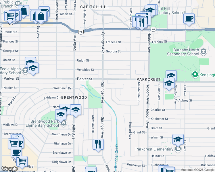 map of restaurants, bars, coffee shops, grocery stores, and more near 5307 Springdale Court in Burnaby
