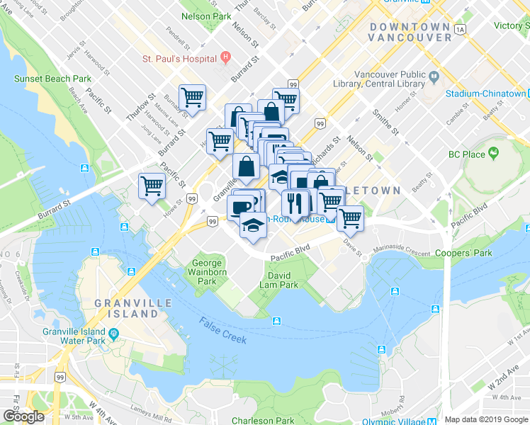 map of restaurants, bars, coffee shops, grocery stores, and more near 501 Drake Street in Vancouver