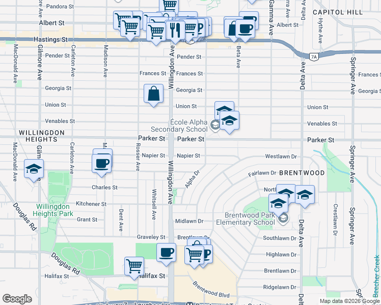 map of restaurants, bars, coffee shops, grocery stores, and more near 4551 Napier Street in Burnaby