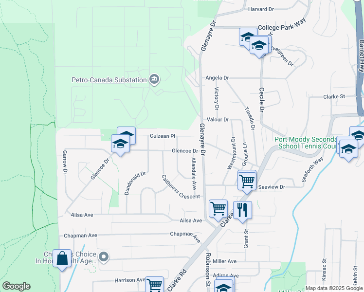 map of restaurants, bars, coffee shops, grocery stores, and more near 422 Glencoe Drive in Port Moody