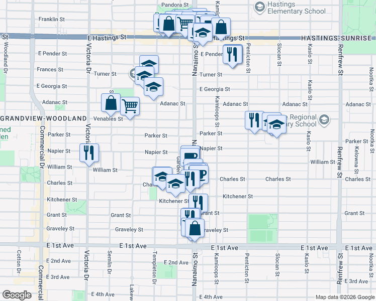 map of restaurants, bars, coffee shops, grocery stores, and more near 2335 Napier Street in Vancouver
